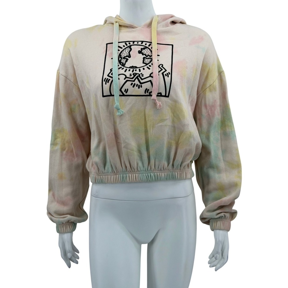 Keith Haring Hoodie Womens Small Pink Pastel Tie Dye Cropped Earth Day Graphic